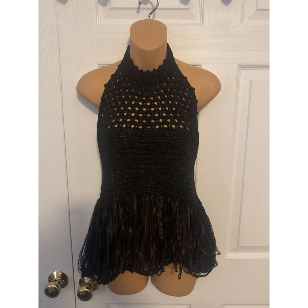 NWT Zara Black Knit Crochet Halter Neck Top L